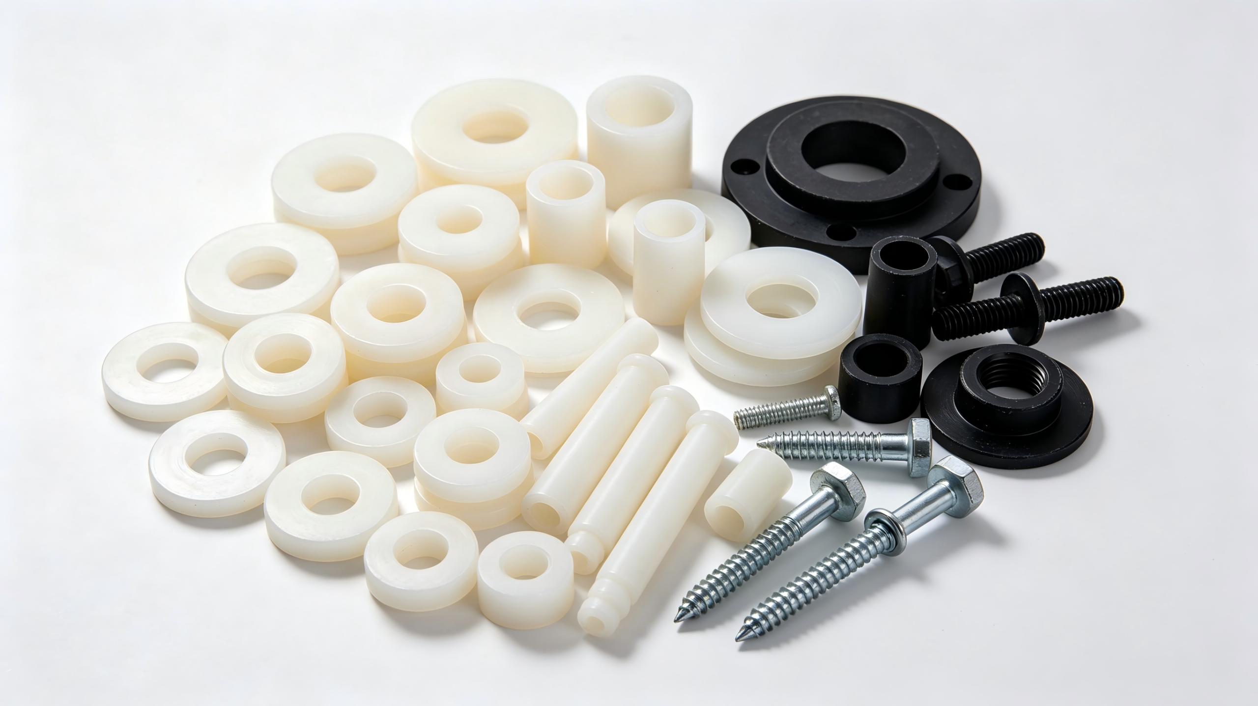 Bulk nylon & plastic standard CNC parts wholesale, spacers washers sleeves fasteners in stock